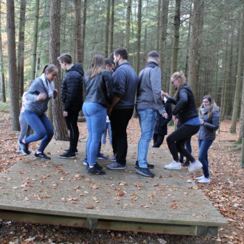 Wirtschaftsakademie – Kommunikation beim Teamtraining ist wichtig. Ein Gruppe Jugendlicher versucht auf eine Wippe aufzusteigen, und diese in der Schwebe zu halten.