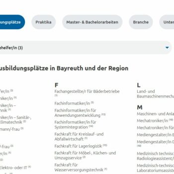 Screenshot von Ausbildungsplätzen in Bayreuth und der Region, wie sie auf der Webseite www.Stay-in-Bayreuth.de zu finden sind.