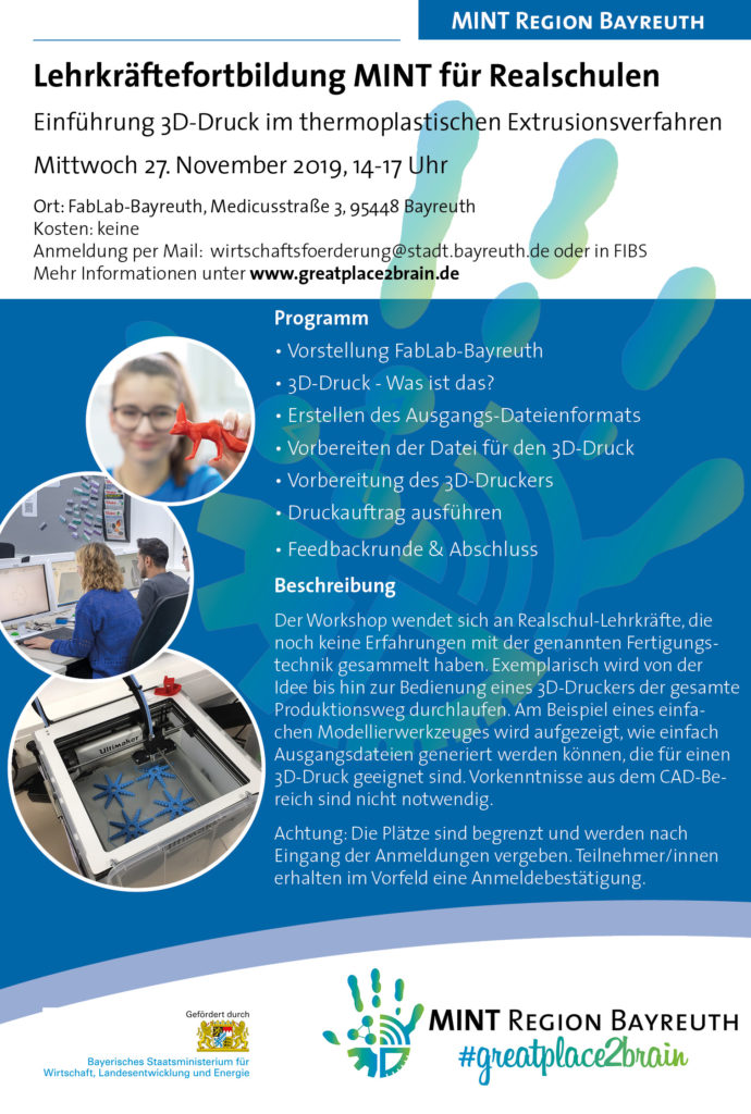 Plakat MINT Lehrkräftefortbildung für Realschulen: Einführung in den 3-D-Druck am 27.11.2019