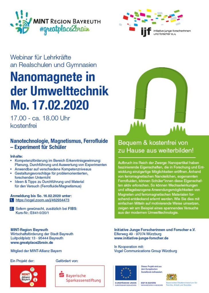 Ankündigung Webinar für Realschulen und Gymnasien: Nanomagente in der Umwelttechnik am 17.2.2020