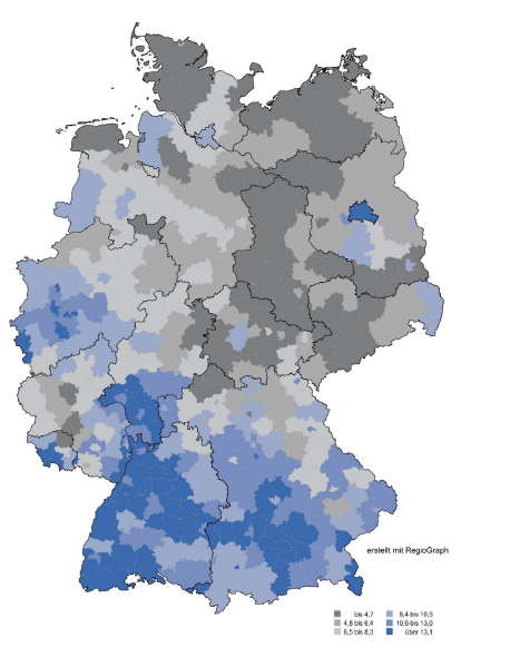 Karte von Deutschland mit der unterschiedlichen Verteilung von MINT-Fachkräftem bei ausländischen Arbeitnehmern