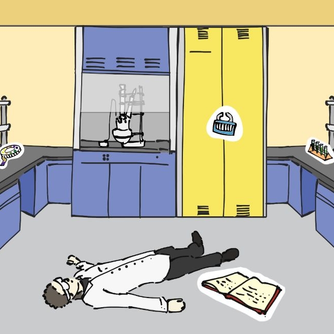 Comic Zeichnung von einem Labor. Ein Mann im Laborkittel liegt auf dem Boden. Neben ihm ein aufgeschlagendes Buch, im Hintergrund sieht man zahlreiche Chemie-Utensilien